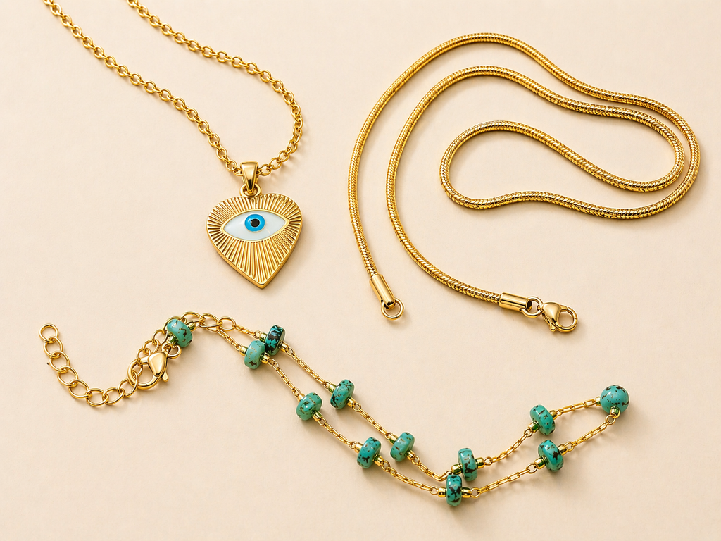 Set de joyas doradas con collares en capas, collar de ojo turco y pulsera con piedras verdes naturales